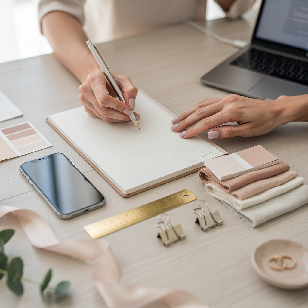 Nariko's Nest Weddings expert planner reviewing wedding details and timeline with a couple in San Diego